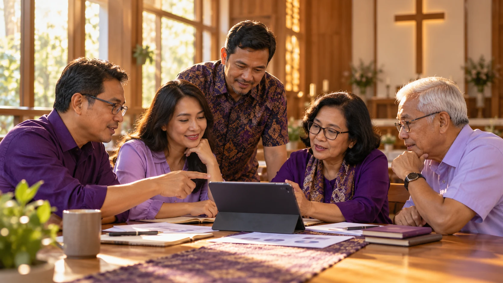 Ilustrasi jemaat Indonesia berdiskusi bersama menggunakan tablet